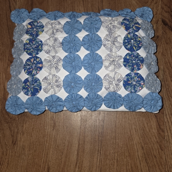 Vintage YoYo Quilt Blue Rectangle Throw Accent Pillow - Picture 1 of 4